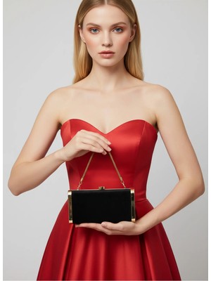 Biçanta Siyah Altın Lüks Süet Kristal Taşlı Metal Kasa Taş Saplı Abiye Çanta Düğün Nişan Mezuniyet