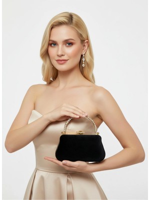 Biçanta Siyah Altın Kristal Taş ve Sap Detaylı Lüks Dalgalı Kadife Kadın Abiye Çanta Düğün Nişan Mezuniyet