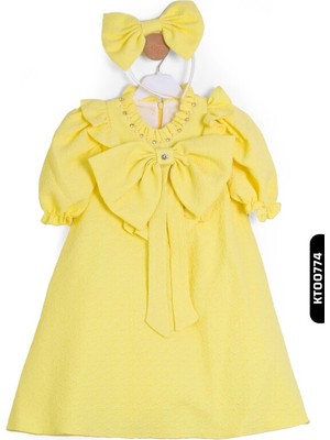 Bohçalı Büzgü Yarım Kollu Fular Yakalı Merserizeli Kız Çocuk Elbise 4-12 Yaş 6636,1