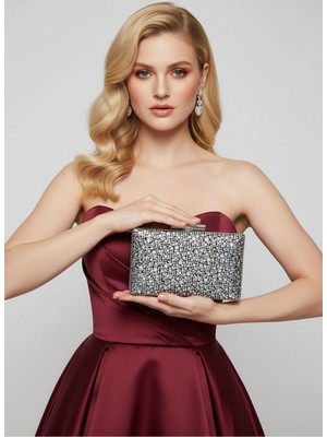 Biçanta Lüks Siyah Süet 5 Boy Gümüş Kristal Taş Işlemeli Abiye Çanta | Düğün ve Gece Clutch