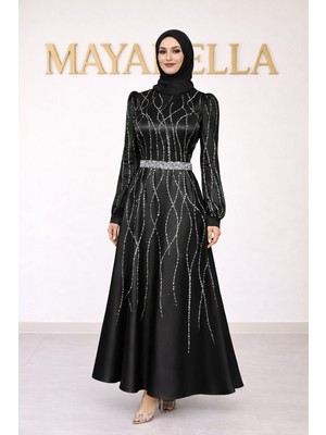 MayaBella Saten Kolları ve Önü Işlemeli Tesettür Abiye