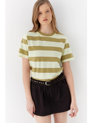 MARKALİSTE Çizgili Pamuk T-Shirt Haki