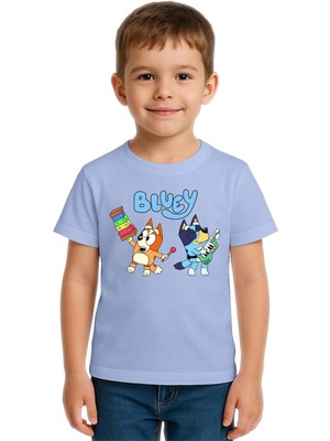 Sedirli Unisex Bluey Baskılı Çocuk Tişört Pamuklu Penye Kumaş