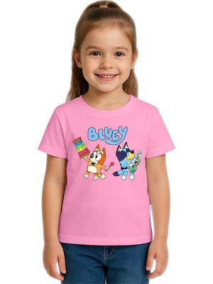 Sedirli Unisex Bluey Baskılı Çocuk Tişört Pamuklu Penye Kumaş
