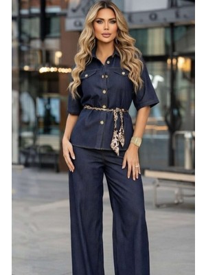 Zishan Fashion Lacivert Denim Ikili Takım - Kuşaklı Gömlek + Geniş Paça Pantolon Premium Set 36023
