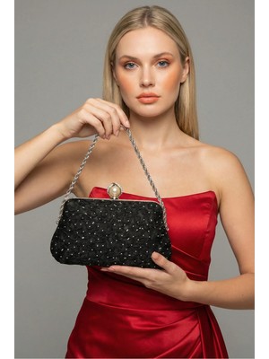 Biçanta Özel Tasarım Siyah Renk Kırışık Taşlı Saten Zinzirli Kulplu Kadın Abiye Çanta Düğün Nişan Mezuniyet