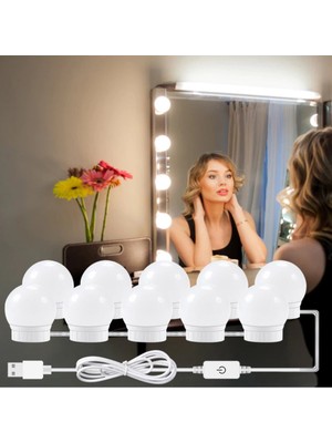 By Nevser® Nostalji Hollywood Tarzı 10LU Makyaj Masası Aynası Beyaz LED Işıklı Lamba USB