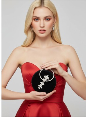 Biçanta Siyah Gümüş Yuvarlak Lüks Süet Kristal Taşlı Kadın Abiye Çanta Düğün Nişan Mezuniyet