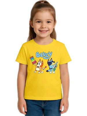 Sedirli Unisex Bluey Baskılı Çocuk Tişört Pamuklu Penye Kumaş