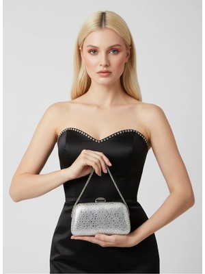 Biçanta Gümüş Renk Taşlı Zincir Detaylı Zincir Saplı Kadın Abiye Çanta Düğün Nişan Mezuniyet