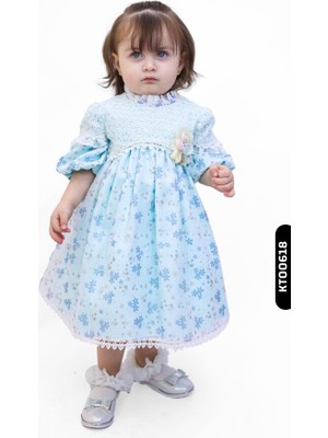 Bebejodi Degaje Yakalı Aplikeli Fırfırlı Büzgü Kollu Kız Çocuk Elbise 1-3 Yaş 1041