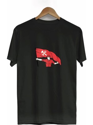 Aesco 1 Mayıs Emekçilerimiz Için Özel Tasarım Bayraklı Emekçi Baskılı T-Shirt - Siyah