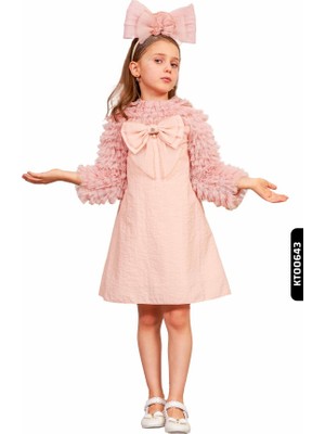 Büzgülü Kollu Bohçalı Palyaço Yakalı A-Line Formu Kız Çocuk Elbise 3-10 Yaş 6539