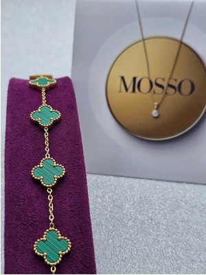Mosso Steel Yeşil Gold Renkli Çelik Bileklik Yoncalı Model Premium