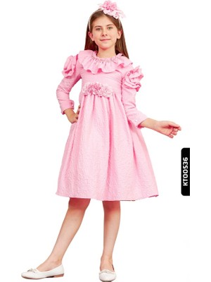 Fırfırlı Kristal Taş ve Çiçek Baskılı Yay Başörtülü Kız Çocuk 2li Elbise 4-12 Yaş 6522