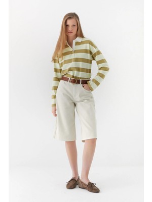 MARKALİSTE Çizgili Polo Pamuk T-Shirt Haki