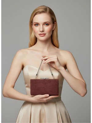 Biçanta Kahverengi Lüks Süet Zincir Saplı Kadın Abiye Çanta Düğün Nişan Mezuniyet