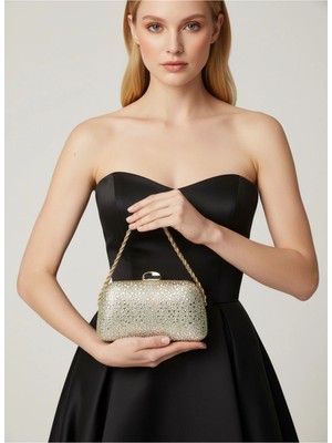 Biçanta Altın Gold Renk Taşlı Zincir Detaylı Zincir Saplı Kadın Abiye Çanta Düğün Nişan Mezuniyet