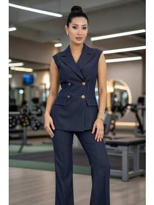 Premium Kot Takım Kadın - Denim Blazer Yelek Pantolon Seti Altın Düğmeli Lüks 36038