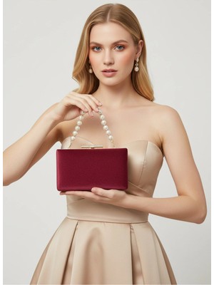 Biçanta Bordo Altın Lüks Süet Inci Saplı Kadın Abiye Çanta Düğün Nişan Mezuniyet