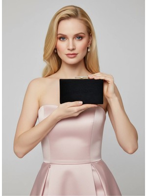 Biçanta Siyah Altın Lüks Süet Zincir Saplı Kadın Abiye Çanta Düğün Nişan Mezuniyet