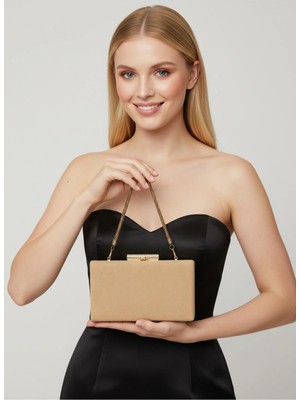 Biçanta Nude Altın Lüks Süet Zincir Saplı Kadın Abiye Çanta Düğün Nişan Mezuniyet