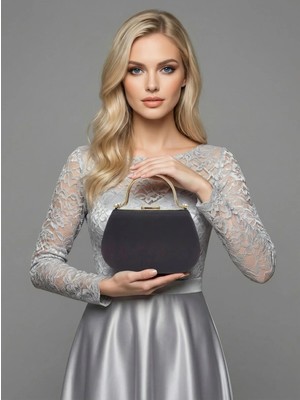 Biçanta Siyah Renk Simli Saten Taş Saplı Zincirli Kadın Abiye Çanta Düğün Nişan Mezuniyet