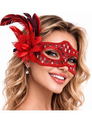 tp Buğz Kırmızı Tüylü Balo Maskesi