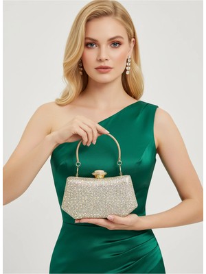 Biçanta Altın Gold Renk Taşlı Zincir Detaylı Zincir Saplı Kadın Abiye Çanta Düğün Nişan Mezuniyet