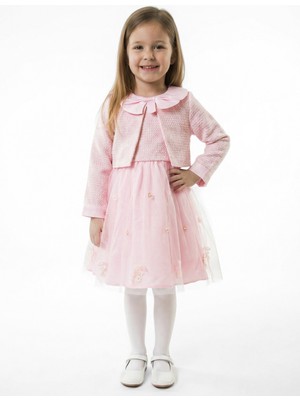 Lanova Kids Bebe Yakalı Çiçek Işlemeli Tüllü Fiyonklu Kız Çocuk Elbise 3-8 Yaş 4423