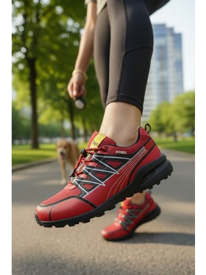 Enoch Kadın Kırmızı Zikzak Panel Detaylı ve Stoper Bağcıklı Spor Ayakkabı