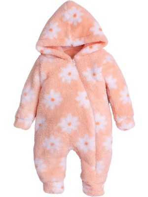 Chicsy Baby Kışlık Tatlı Peluş Kapüşonlu Çiçek Desenli Bebek Çocuk Welsoft Tulum