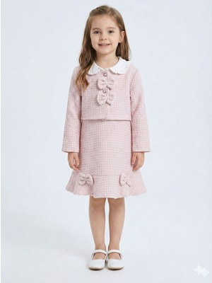Lanova Kids Bebe Yakalı Pudra Fiyonklu Tüvit Kız Çocuk 3lü Ceketli Elbise Takmı 2-7 Yaş 4421
