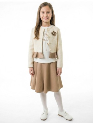 Lanova Kids Çiçek Detaylı Tüvit Ceketli Deri Etekli Kız Çocuk 3lü Takım 4-10 Yaş 4413
