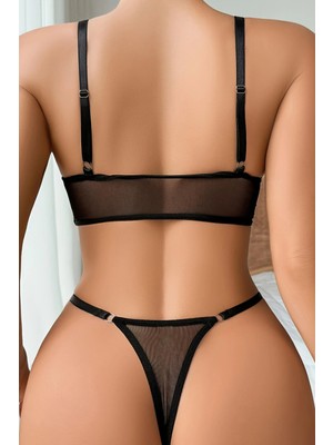 Zenvia Siyah Transparan Tül Bralet Tanga Iç Giyim Takımı TM1383 ZNV-LYN1436
