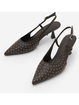 Marjin Kadın Stiletto Sivri Burun Arkası Açık Zımba Detaylı Topuklu Ayakkabı Timon Kahve