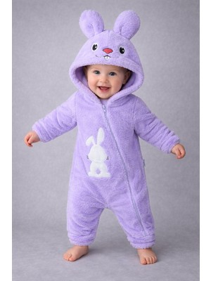 Chicsy Baby Kışlık Tatlı Tavşan Figürlü Kapüşonlu Peluş Fermuarlı Bebek Tulum