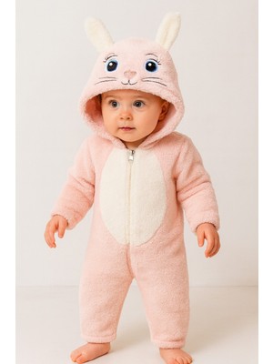 Chicsy Baby Unisex Bebek Kapüşonlu Tavşan Desenli Peluş Tulum