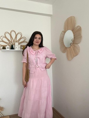 Pembe Müslin Bluz Etek Takım