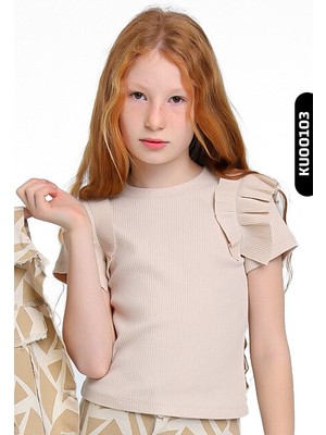 Escabel Fırfırlı Kısa Kollu O Yakalı Çizgili Kız Çocuk Kazak 5-14 Yaş 35773