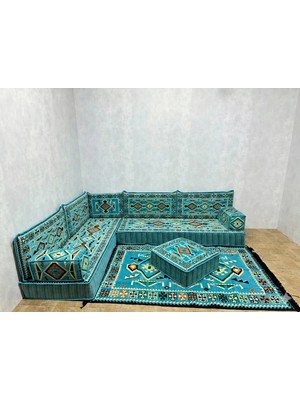 Coton Şark Köşesi Anadolu Desenli 20 cm Yüksekliğinde Minder, Kilim Takımı Konsept Turkuaz 11 Parça