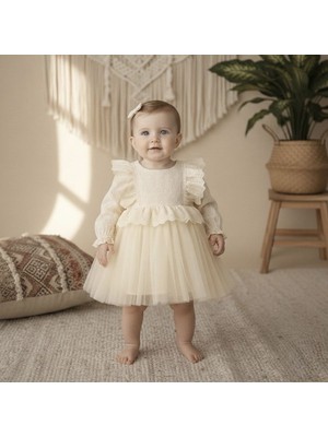 Beren Fisto Nakışlı Fırfırlı 4 Kat Yumuşak Tüllü %100 Pamuk Astarlı Kız Bebek Bayramlık Doğum Günü Elbise