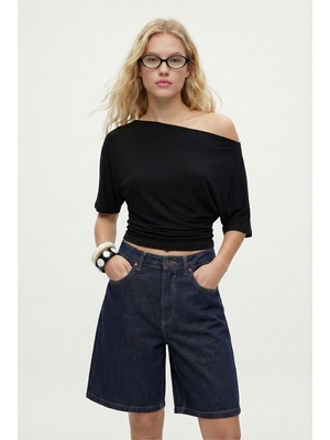 Ritnice Kadın Germa Asimetrik Omuz Detay Bej Bluz