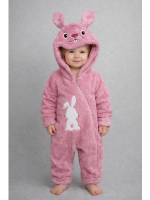 Chicsy Baby Kışlık Tatlı Tavşan Figürlü Kapüşonlu Peluş Fermuarlı Bebek Tulum