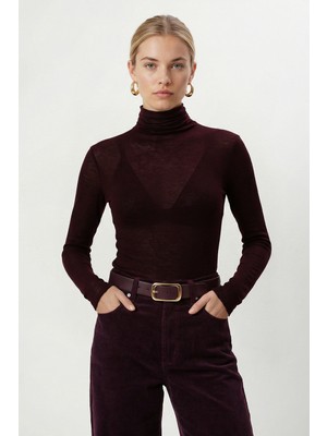 Ritnice Kadın Adel Transparan Balıkçı Yaka Ultra Hafif  Bordo Örme Bluz