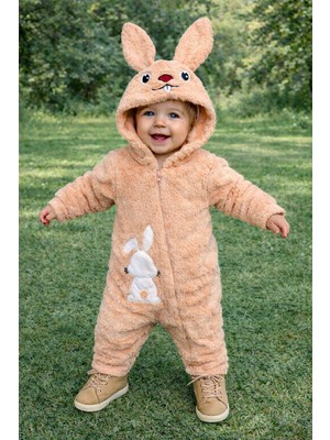 Chicsy Baby Kışlık Tatlı Tavşan Figürlü Kapüşonlu Peluş Fermuarlı Bebek Tulum