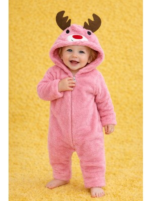 Chicsy Baby Kışlık Tatlı Bebek Peluş Astronot Tulum Kapüşonlu Geyik Figürlü, Fermuarlı Kışlık Tulum