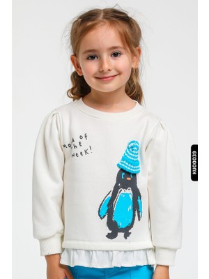 Escabel %100 Pamuklu Penguen Baskılı Uzun Kollu Kız Çocuk Bisklet Yakalı Sweatshirt 1-5 Yaş 875