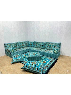 Coton Şark Köşesi Anadolu Desenli 20 cm Kalınlığında L Köşe Minder Takımı Konsept Turkuaz 13 Parça