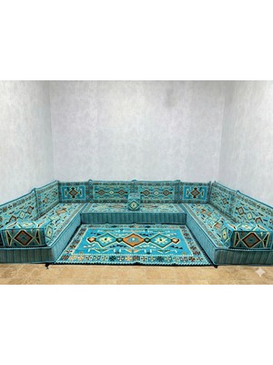 Coton Şark Köşesi Anadolu Desenli 20 cm Yüksekliğinde Minder, Kilim, Heybe Çanta Takımı Konsept Turkuaz 15 Parça